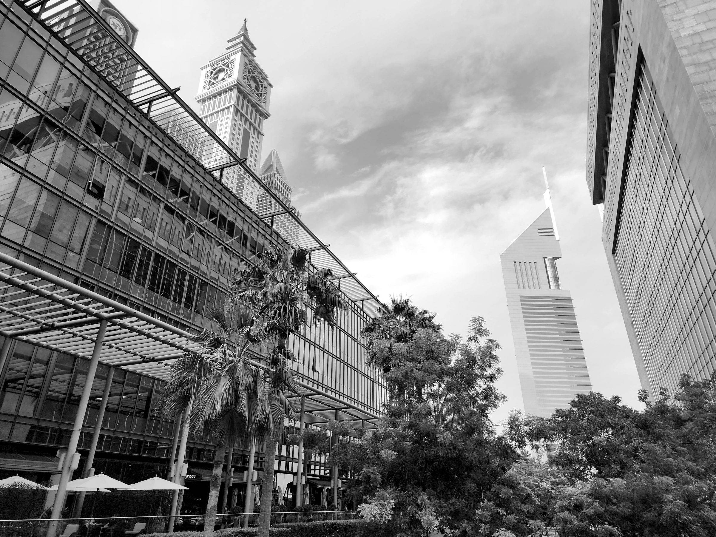 Office buildings in the Dubai International Financial Centre, in black and white