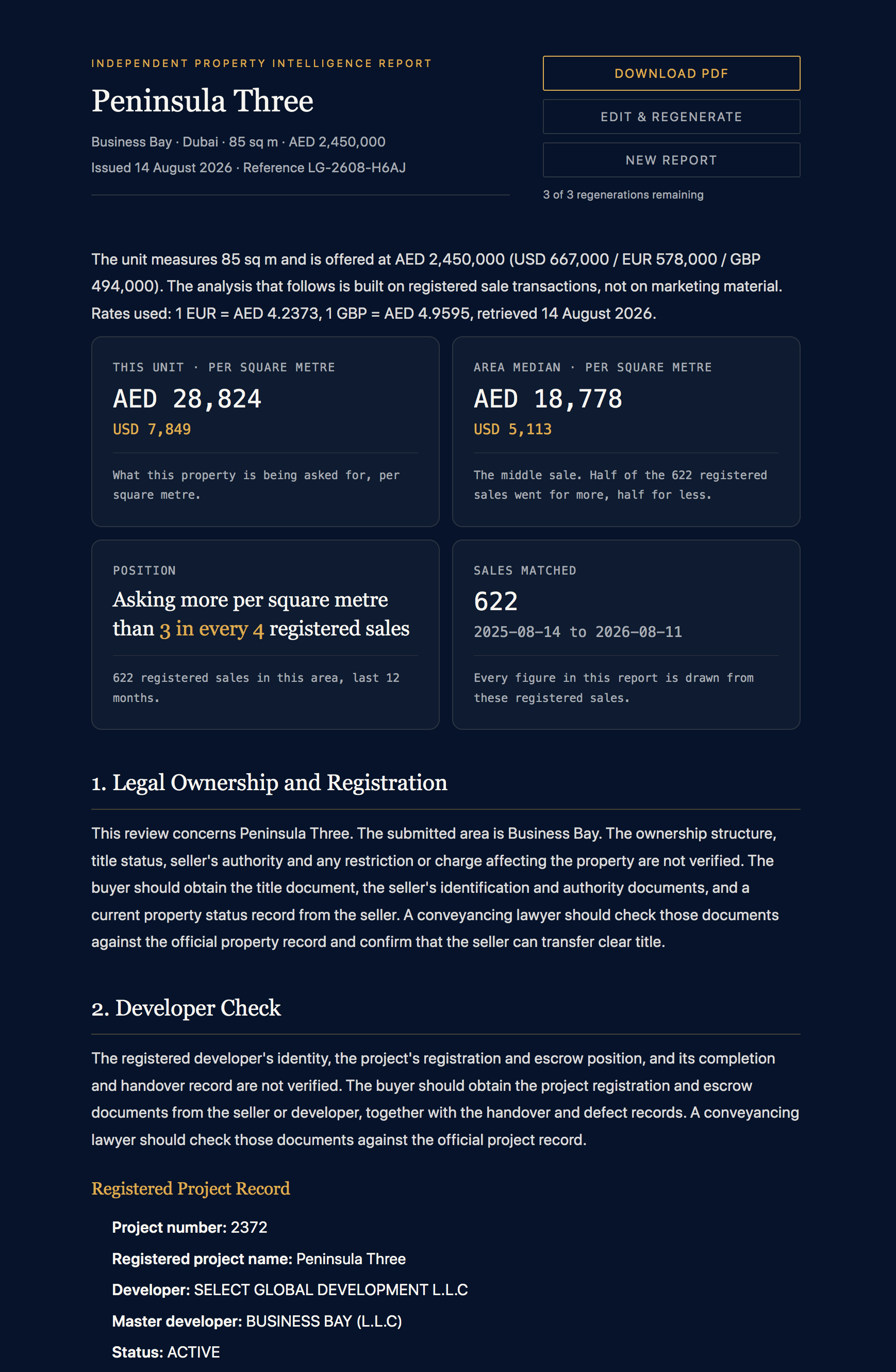 Every report opens with the registered project record